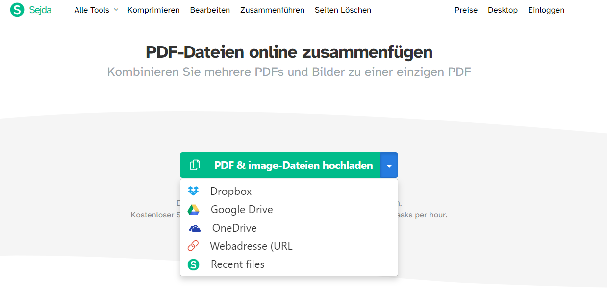 Klicken Sie die grüne  Schaltfläche PDF&image-Dateien hochladen, um Ihre zu kombinierenden PDF-Dateien zu importieren. 