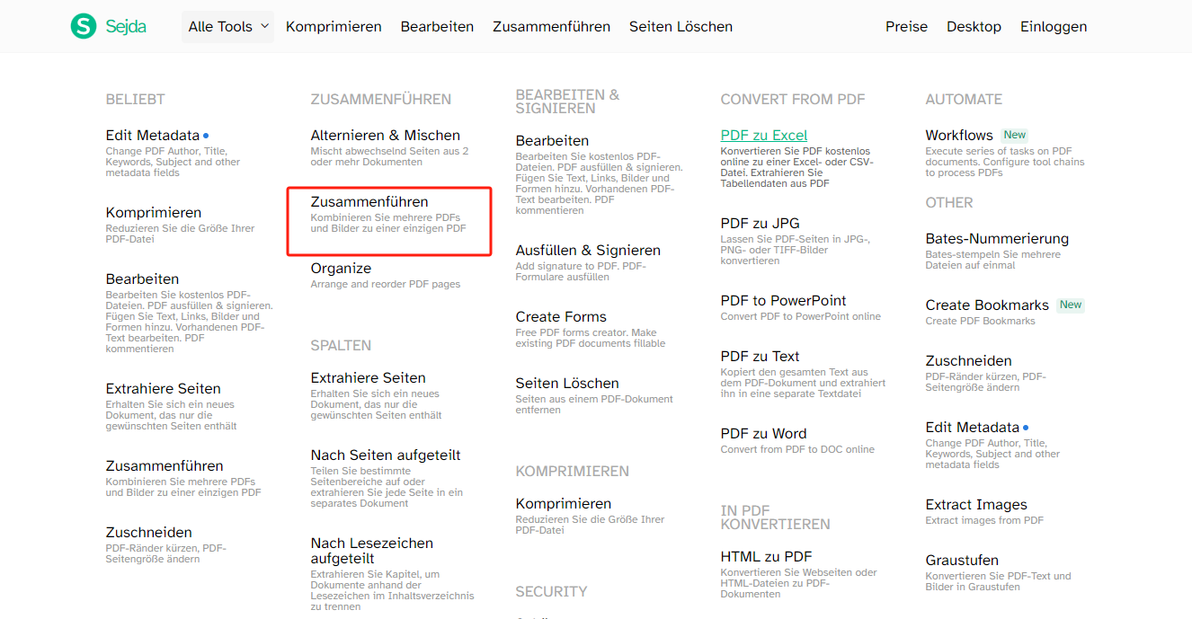 Sjeda PDF: PDF zusammenfügen online unter Windows 10
