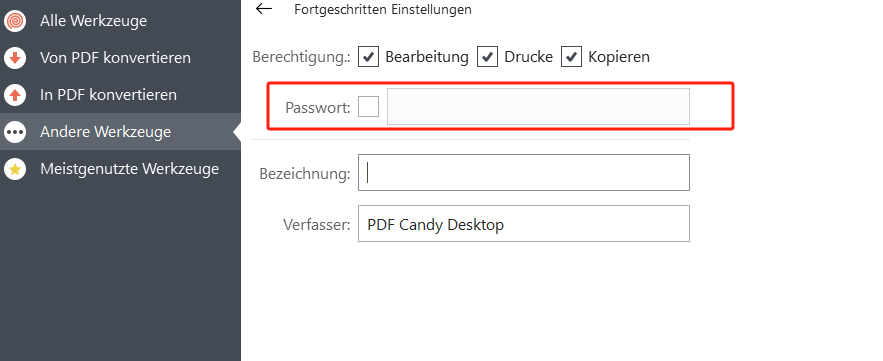 Klicken Sie auf das Einstellungssymbol, um einen Dateiname einzugeben. Dabei können Sie auch Ihr PDF mit Passwort schützen.