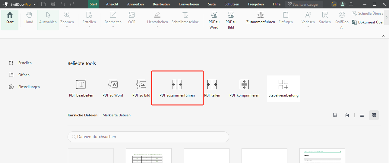 Starten Sie SwifDoo PDF und wählen Sie in der Startoberfläche PDF zusammenführen;