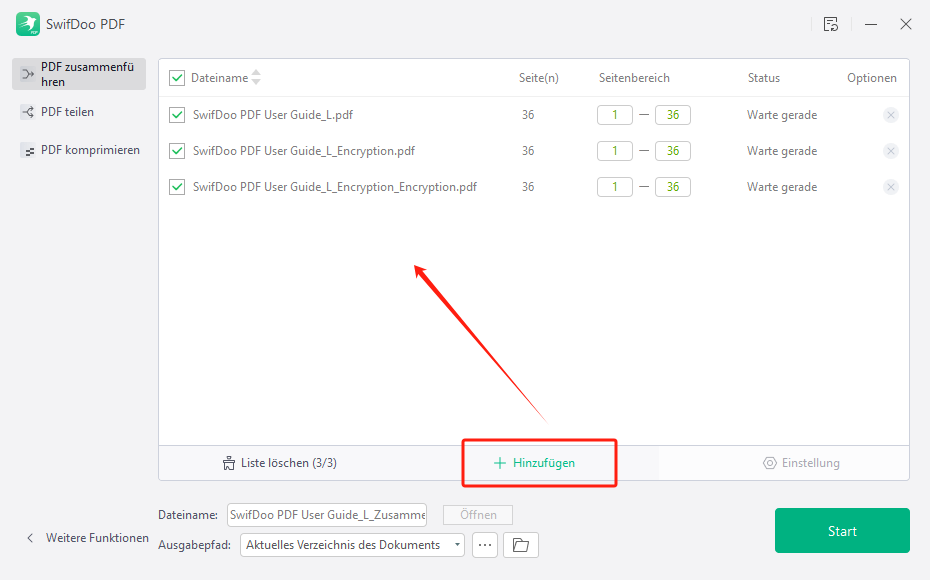 Klicken Sie auf Dateien hinzufügen, um alle PDF-Dateien zu importieren, die zusammengeführt werden sollen;