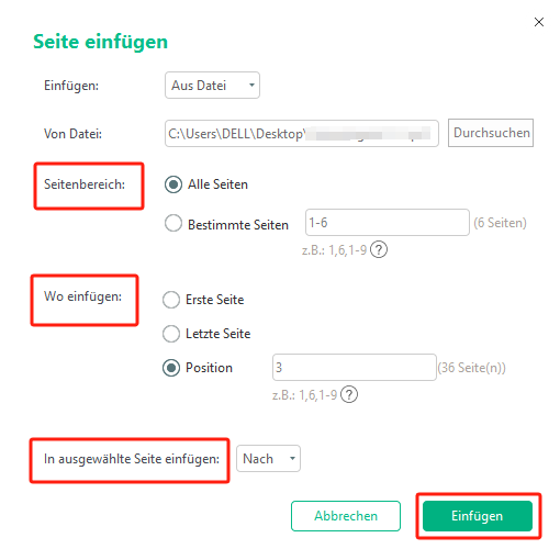 Wählen Sie eine andere PDF-Datei, die zusammengeführt werden soll, und legen Sie im Dialog-Fenster fest, wo sie eingefügt werden soll;