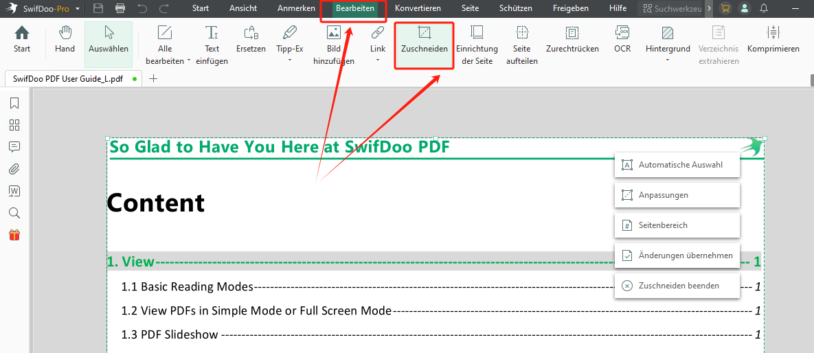 Wählen Sie Bearbeiten und dann Zuschneiden, um Ihre PDF Seitenränder abschneiden zu können;