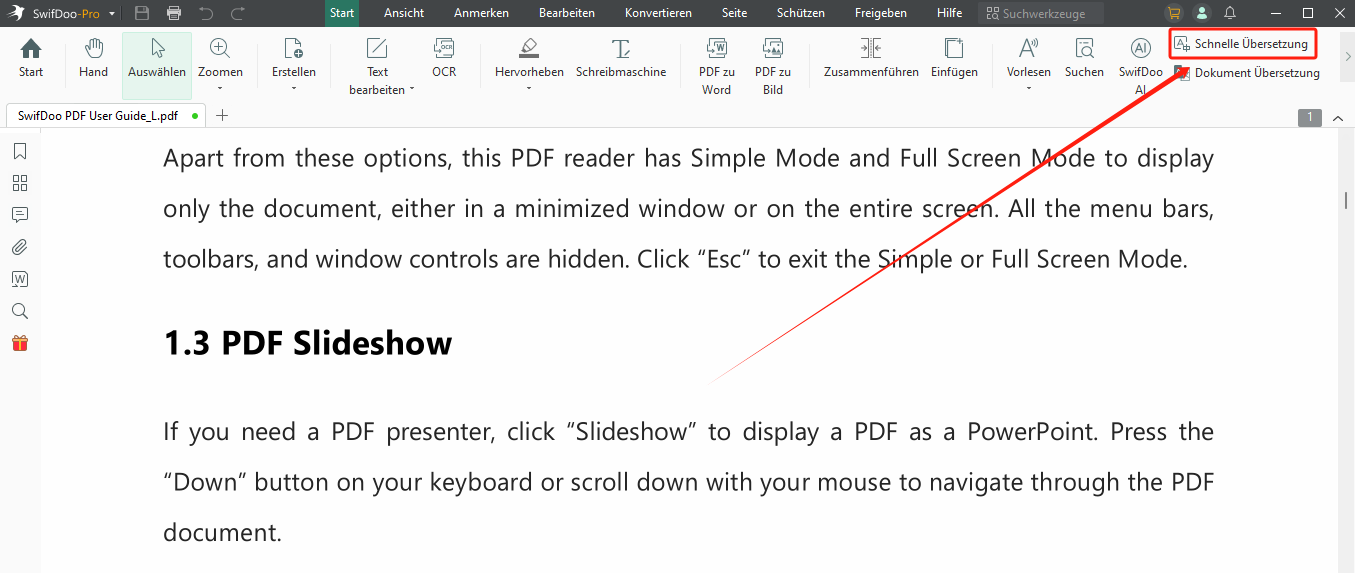 Öffnen Sie Ihre Datei im PDF-Editor. Wählen Sie auf der Registerkarte Start (Home) die Option Schnellübersetzung;