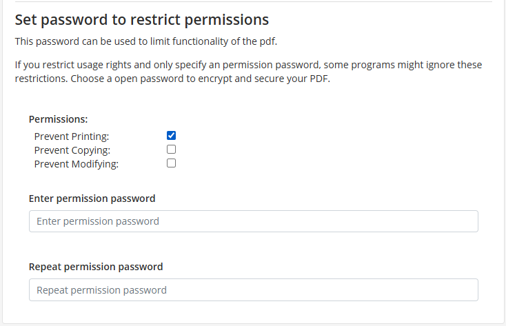 PDF2GO Restrict Permissions Options