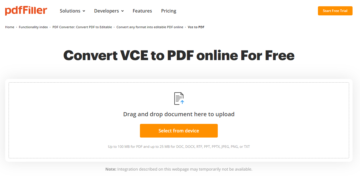 pdfFiller Online VCE to PDF Converter