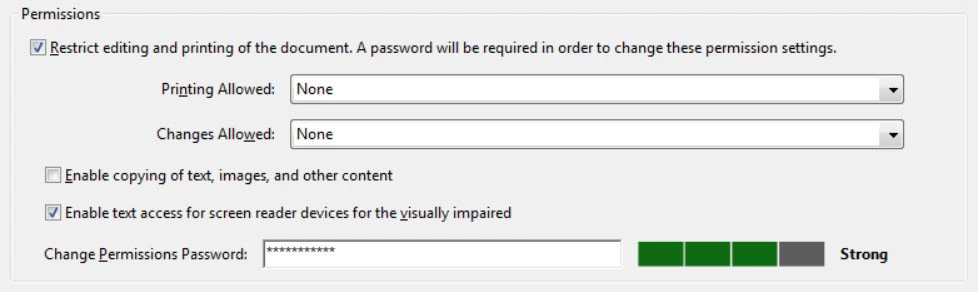 Permissions Dialog Box in Adobe