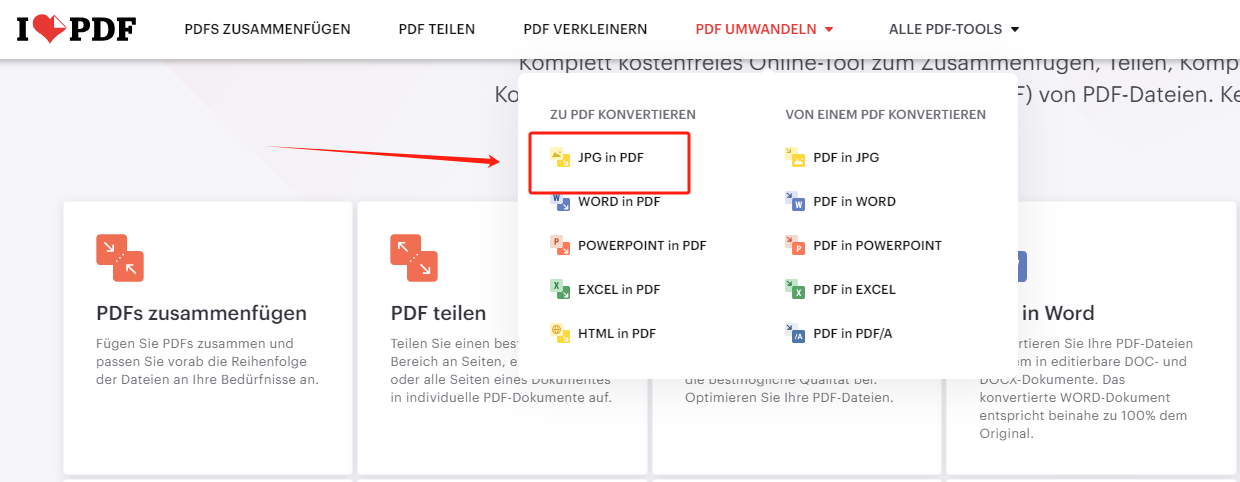 Wählen Sie JPG in PDF auf der Registerkarte PDF umwandeln. Klicken Sie auf JPG-Bilder auswählen, um beliebige PNG-Dateien zur Workstation hinzuzufügen. 