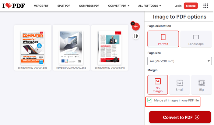 Merge PNG to PDF with iLovePDF