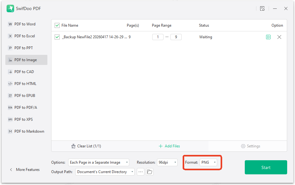 configure the PDF to PNG