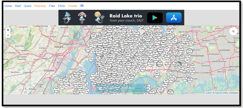 Pokémon GO user map interface (a) and corresponding OpenStreetMap