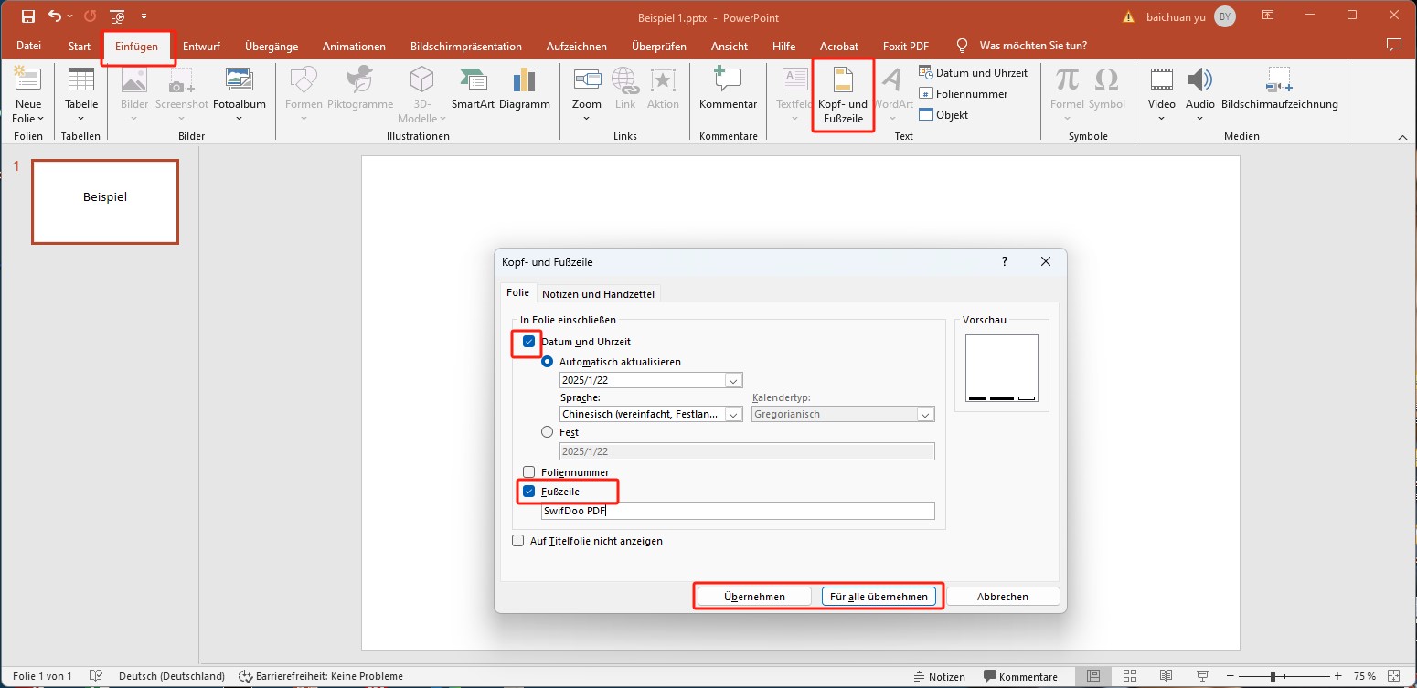 Fußzeile in Powerpoint einfügen