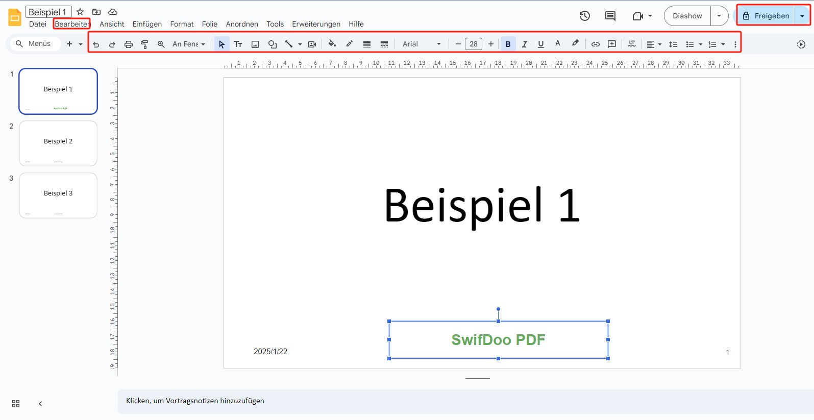 Powerpoint Fußzeile ändern online – Google Slides