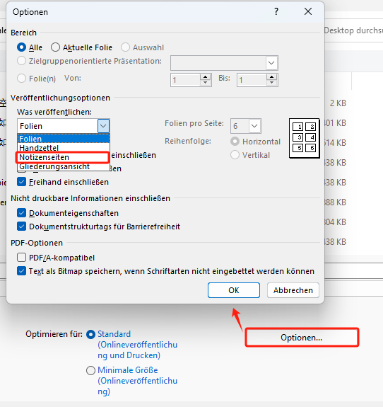 Windows PowerPoint mit Notizen als PDF speichern