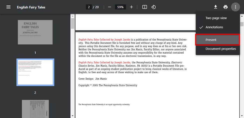 Click Present in Chrome PDF Viewer