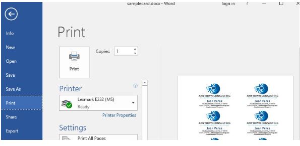 Print Card in Word