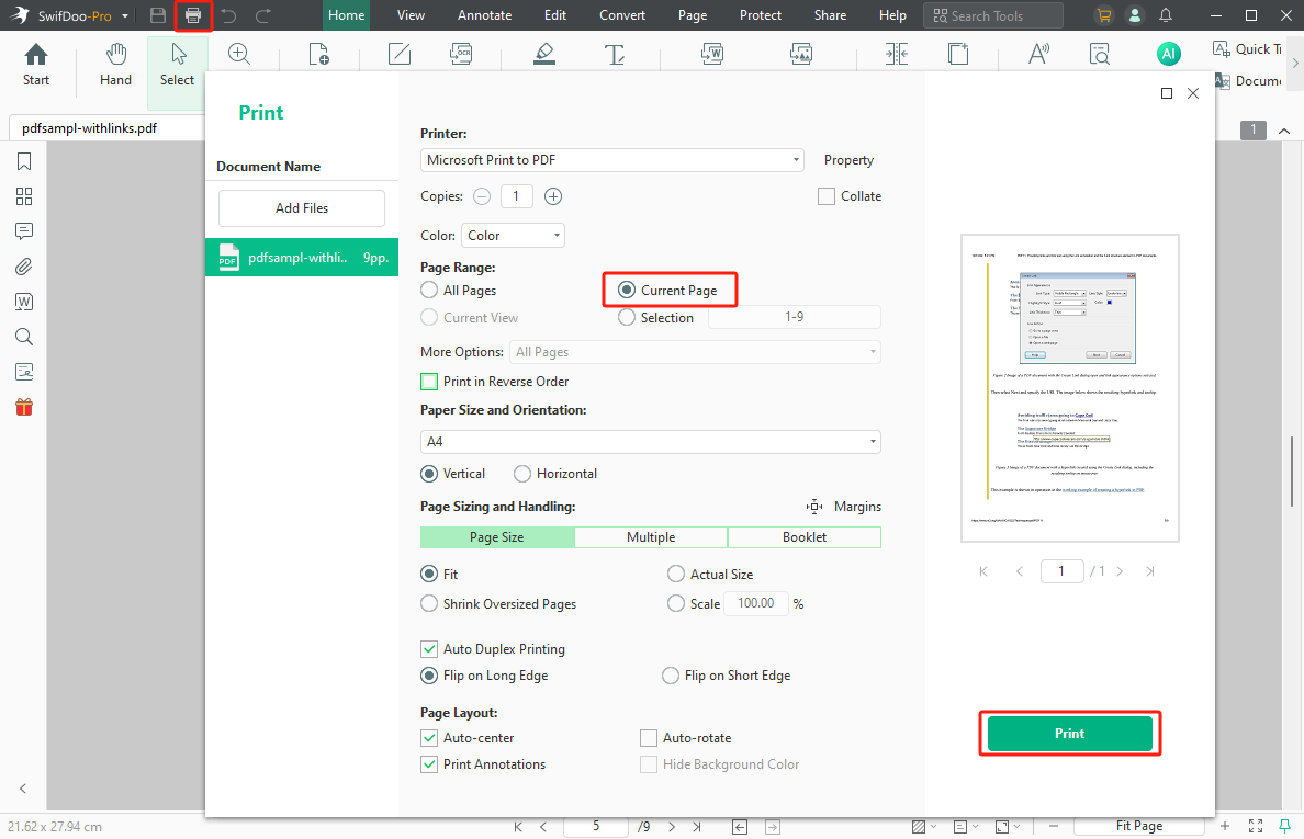 Print Current PDF Page in SwifDoo PDF