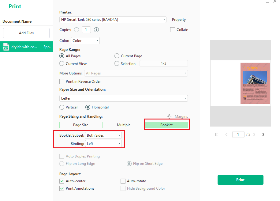 Select Booklet for the magazine printing in SwifDoo PDF