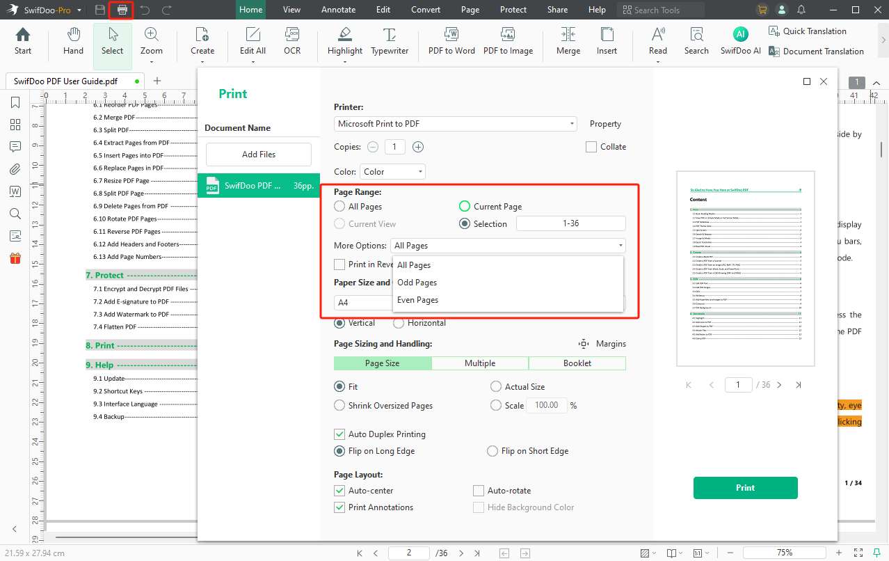 Print Odd/Even Pages in PDF via SwifDoo PDF