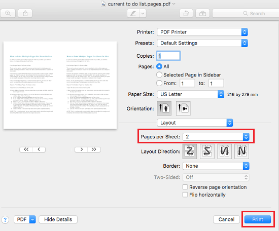 Print PDF multiple pages per sheet on Mac