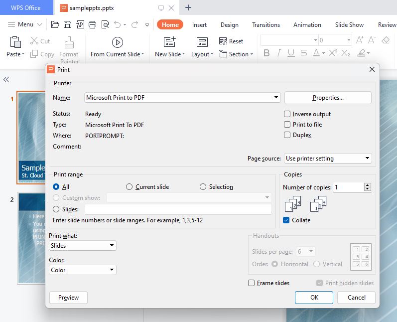 Print PPTX to PDF Using WPS Office