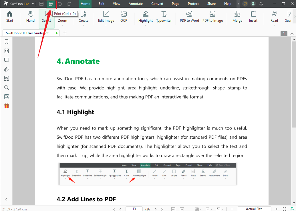 Click the Print icon to open the Print window in SwifDoo PDF