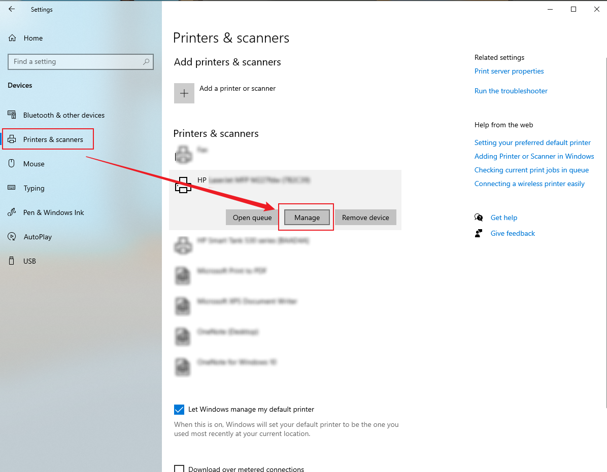 Click the Printers & scanners option and click the Manage option for the target printer