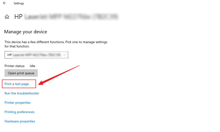click the Print a test page option