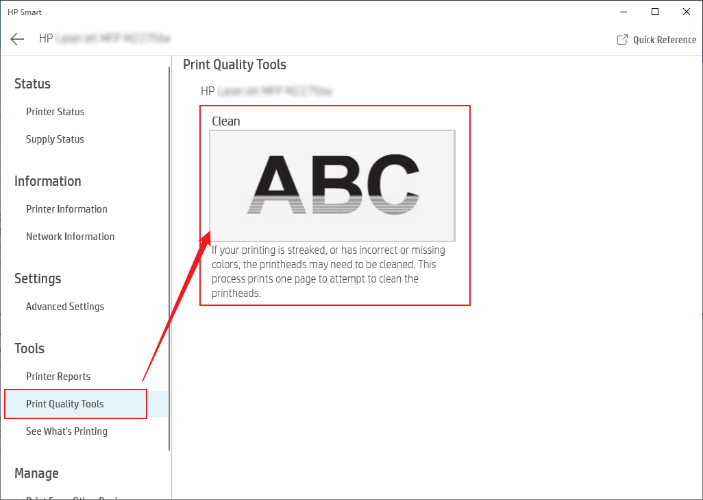 Click the Print Quality Tools option in HP Smart
