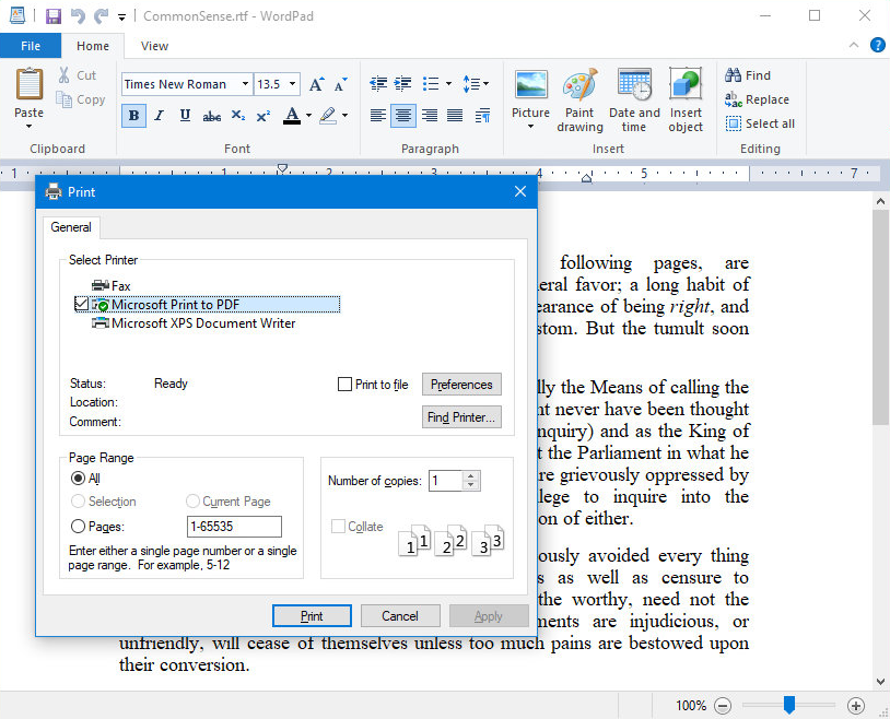 Imprimer WordPad au format PDF à l’aide de WordPad lui-même