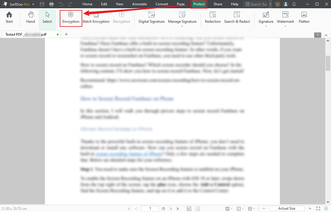 Go to Protect and click the Encryption option in SwifDoo PDF