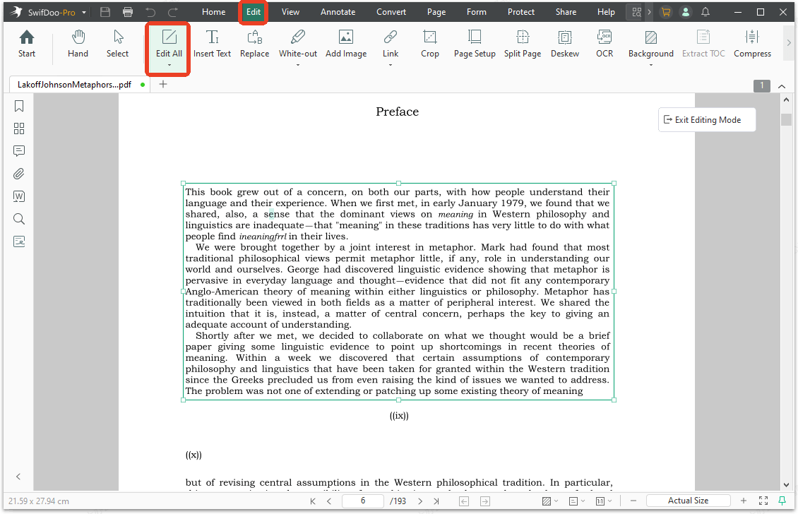 swifdoo pdf editing mode
