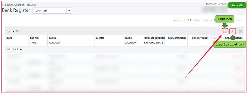 Click the Print icon in QuickBooks Online