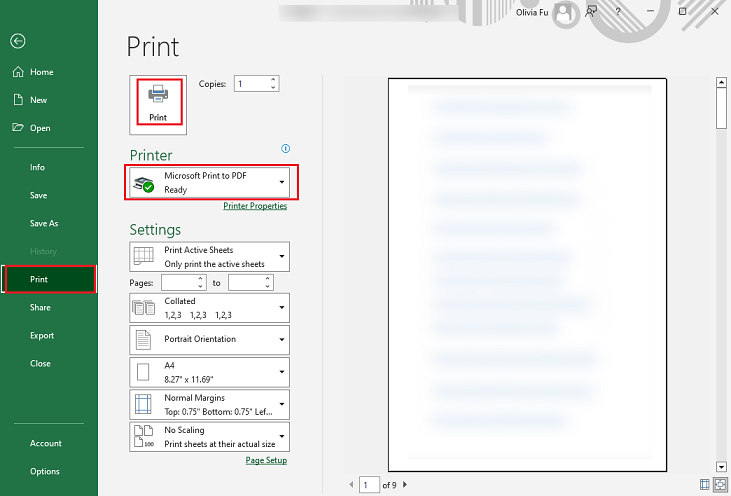 Go to File > Print > Microsoft Print to PDF to save the converted CSV as a PDF in Microsoft Excel