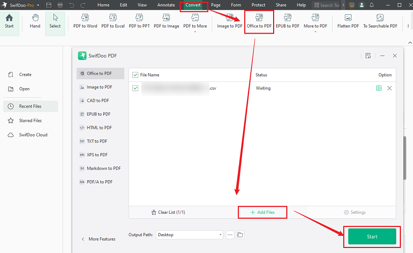 Go to Convert > Office to PDF to upload your converted CSV file and convert it to PDF in SwifDoo PDF