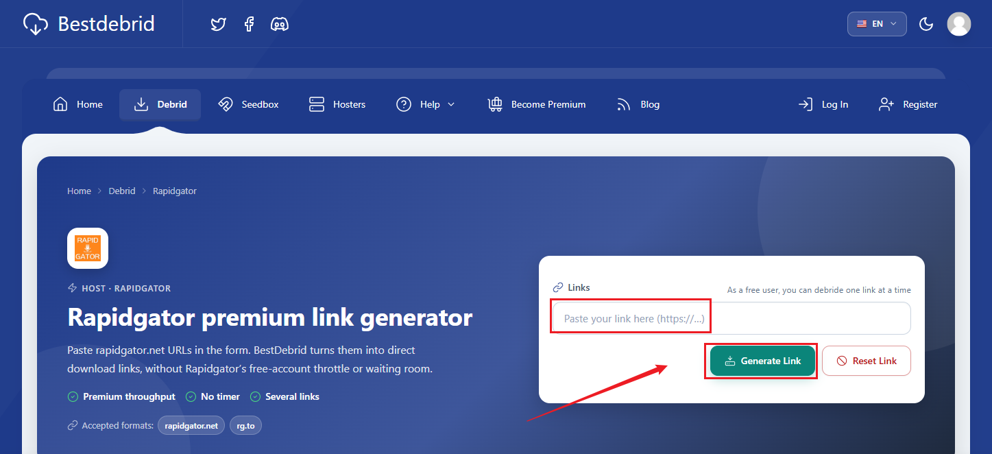 Paste the copied RapidGator file link and click Generate Link in BestDebrid