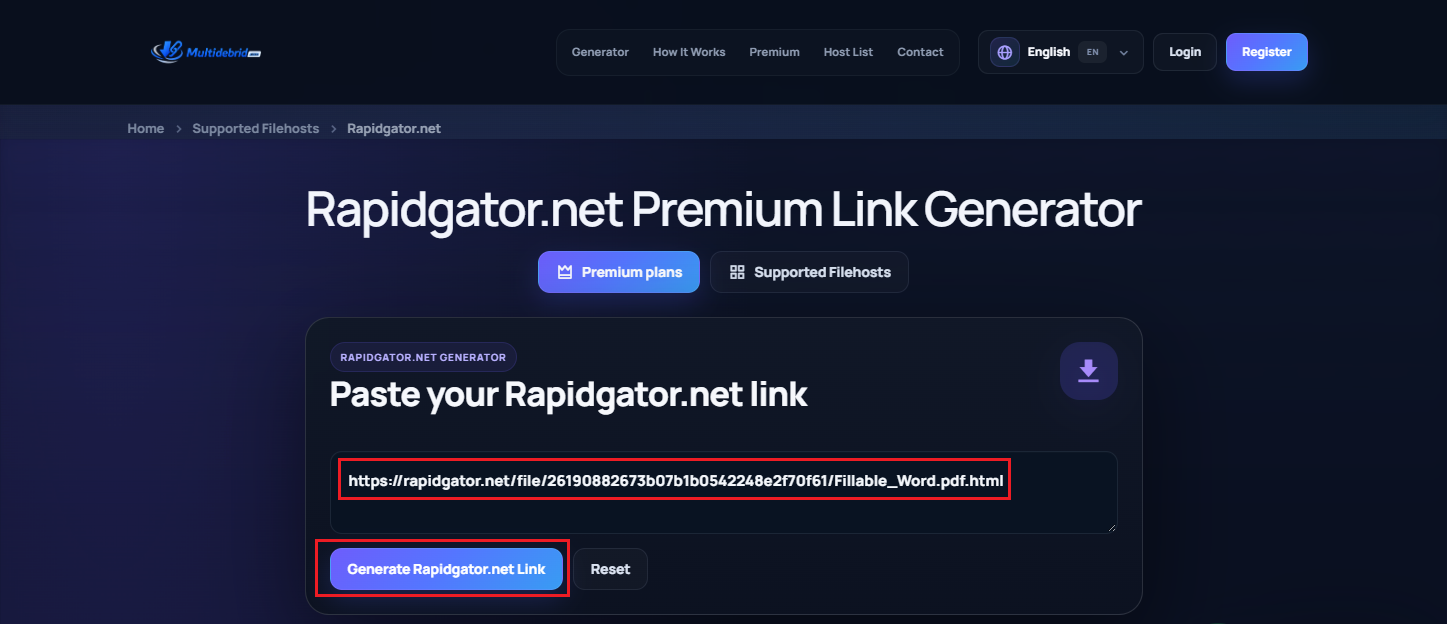 Paste the RapidGator file URL and click Generate Rapidgator.net Link in MultiDebrid