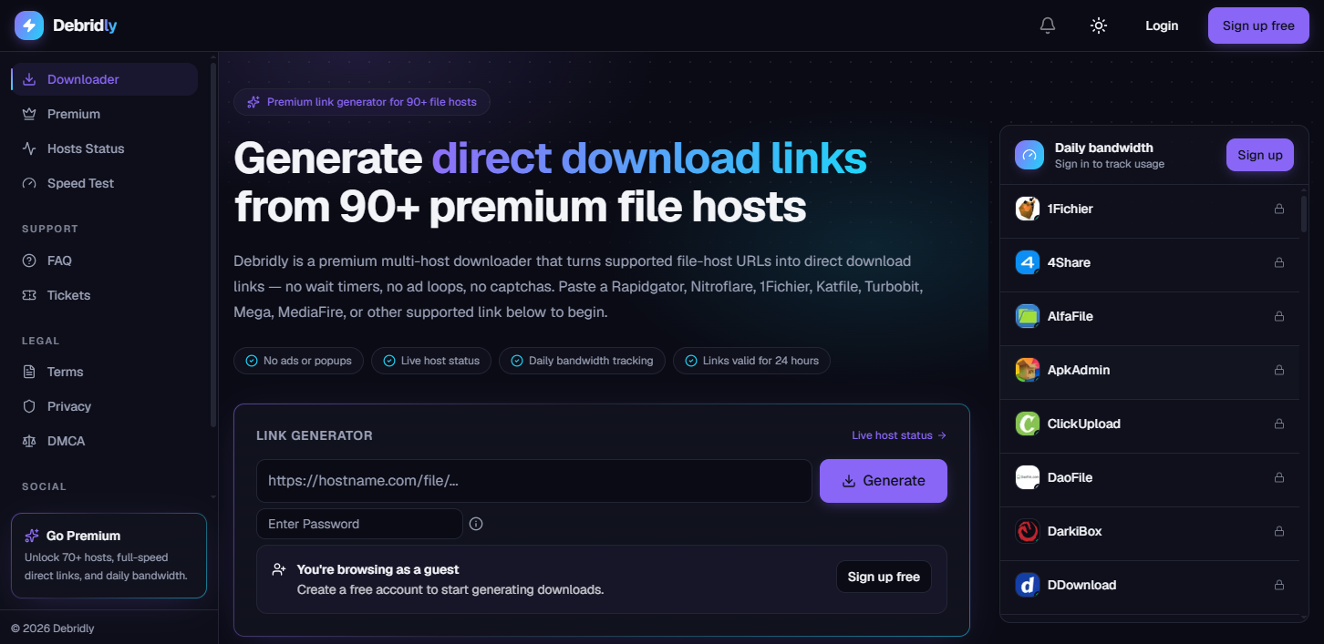 Interface of Debridly