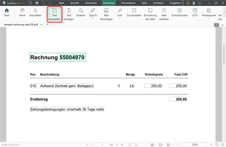 Rechnung mit SwifDoo PDF bearbeiten