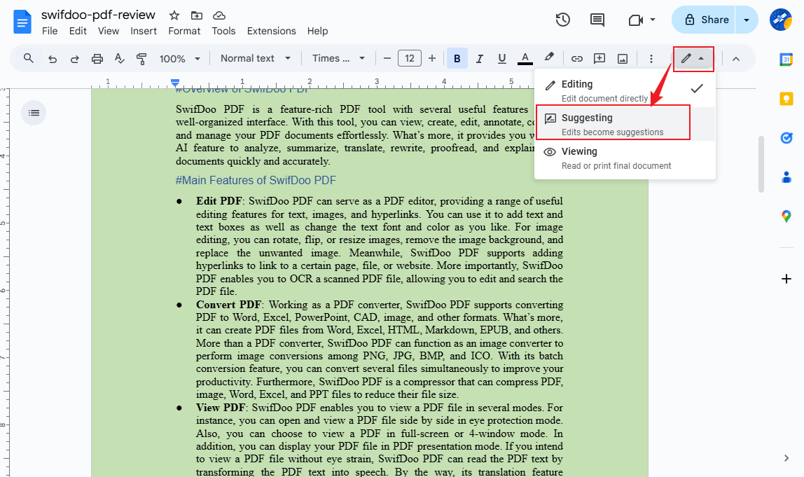 Open the Editing mode list in Google Docs to select the Suggesting option
