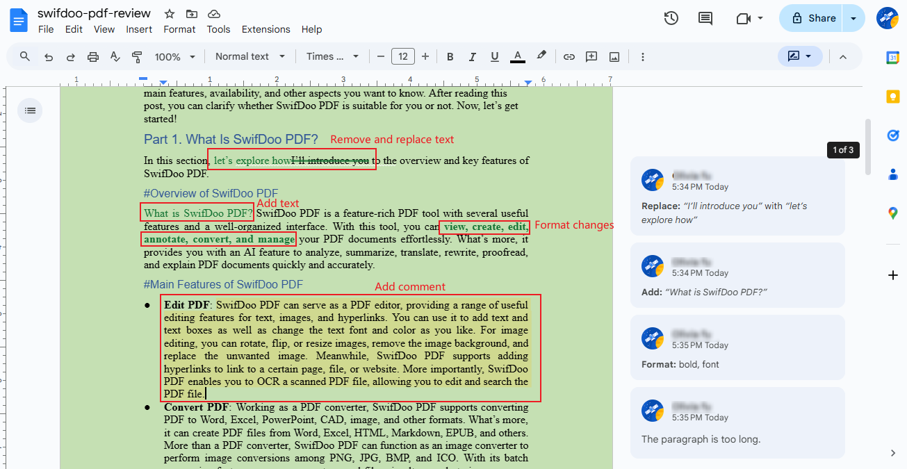 Add text, delete or replace text, make format changes, and add comments in Google Docs