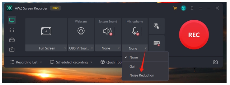 Remove background noise from video while recording in AWZ Screen Recorder