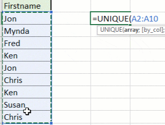 Remove duplicates in Excel using the Unique formula