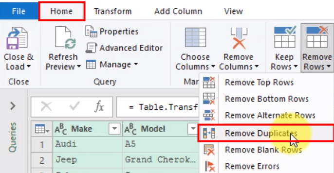 Remove duplicates in Excel with Power Query step 4