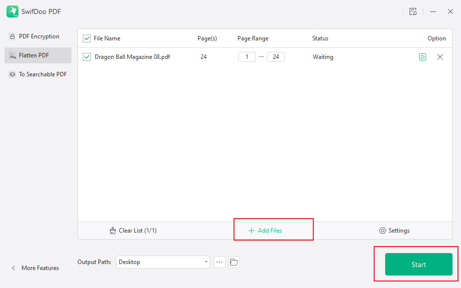 Click the Start button to flatten the PDF in SwifDoo PDF