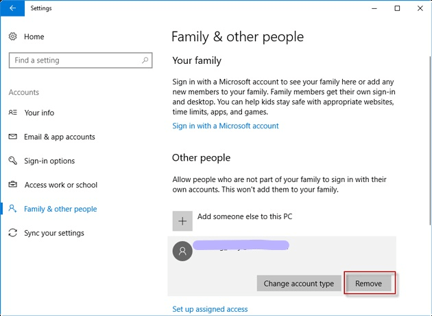 Remove Microsoft Account via Settings