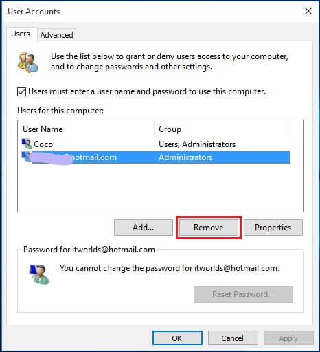 Remove Microsoft Account via “netplwiz”