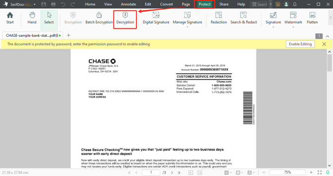remove password from PDF bank statement with SwifDoo PDF 1