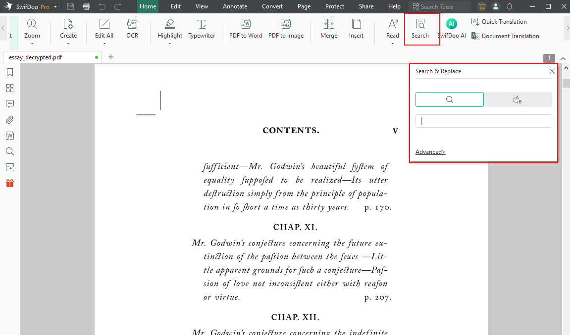 Click the Search option under the Home tab to enable the Search & Replace box in SwifDoo PDF