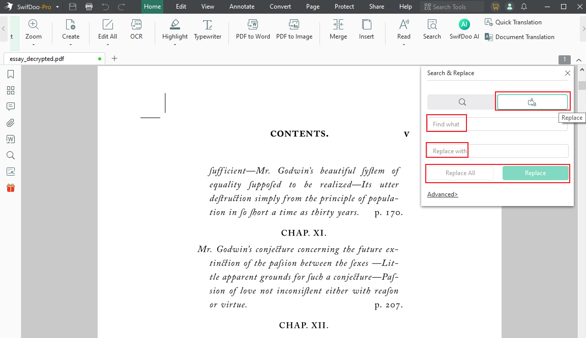 Click the Replace icon to perform the find & replace process in SwifDoo PDF